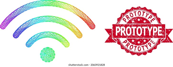 Spectrum vibrant wire frame Wi-Fi source, and Prototype grunge ribbon seal. Red stamp seal contains Prototype caption inside ribbon.Geometric linear frame 2D network based on Wi-Fi source icon,