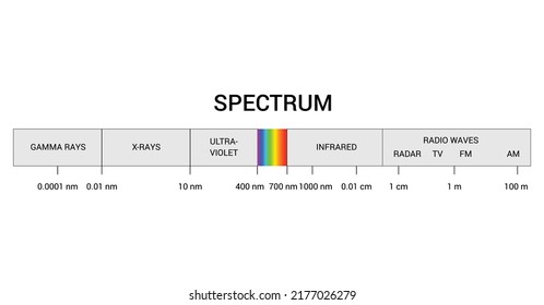 Spectrum wavelength. Visible spectrum color range. Educational physics light line. Invisible parts of the spectrum of white light, infrared and electromagnetic