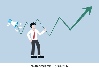 Speculating stock or manipulating stock with skyrocket of stock share from broker, greedy investor, or high net worth concept. Businessman investor hear rising up  stock graph from megaphone.