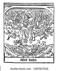 Speculum Humanae Salvation Is The Engraved Illustration Of The Fall Of Lucifer, Vintage Line Drawing Or Engraving Illustration.