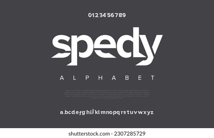 Spedy abstract digital technology logo font alphabet. Minimal modern urban fonts for logo, brand etc. Typography typeface uppercase lowercase and number. vector illustration