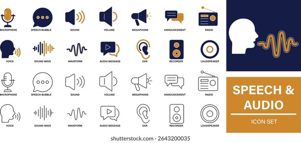Speech and Audio Icon Set Voice, Sound, Microphone and Communication