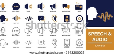 Speech and Audio Icon Set Voice, Sound, Microphone and Communication