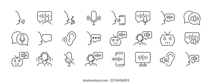 Speech and audio technology icons featuring microphone headphone and voice recognition symbols. Vector icon