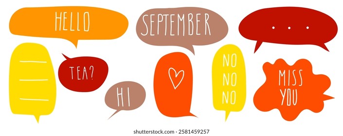 Speech autumn fall cute bubble cloud line art grunge scribble sketch set hand drawn in vector liquid graffiti blots with calligraphy lettering