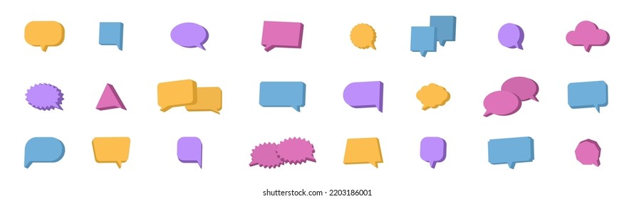 Speech balloon 3d color set. Comment geometric bubble. Chat message icon. Social media banner. Dialog frame. Speak tag. Cloud quite sign. Business communication. Talk idea. Vector illustration.