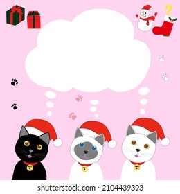 speech balloon with blak cat, white cat and siamese cat, pastel pink background
