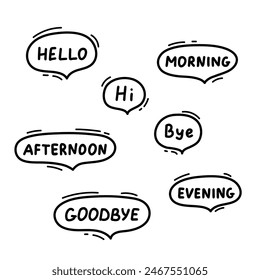 Speech balloon with commonly used word, line hand drawn doodle. Talk bubble frame, dialog box, cloud with text. Hello, hi, bye, goodbye. Scribble simple line. Vector illustration