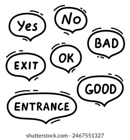 Speech balloon with commonly used word, line hand drawn doodle. Talk bubble frame, dialog box, cloud with text. Yes, no, exit, entrance. Scribble simple line. Vector illustration