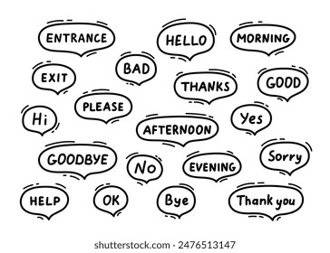 Speech balloon with commonly used word, line hand drawn doodle. Talk bubble frame, dialog box, cloud with text. Scribble simple line. Vector illustration