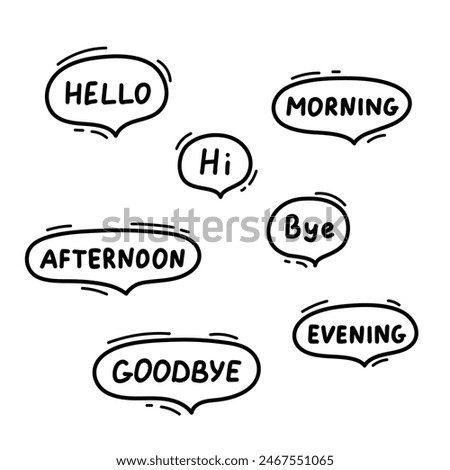 Speech balloon with commonly used word, line hand drawn doodle. Talk bubble frame, dialog box, cloud with text. Hello, hi, bye, goodbye. Scribble simple line. Vector illustration