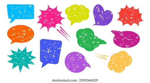 Speech balloon crayon drawn, dialog cloud chalk, colorful talk bubble, cartoon text box, comic message grunge texture, sketch pencil discussion chat, pastel stroke, doodle wax set. Vector illustration