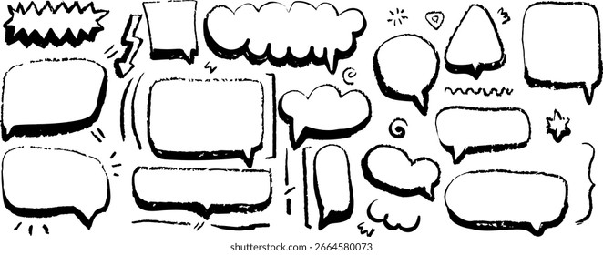 Speech Balloon Crayons. Hand Drawn Bubbles, Heart, Cloud, Splash Textured Elements. Text Frame Box Drawn by Crayon. Chalk Dialog Vector Illustration. Abstract Business Media Concept. Chalkboard Set.