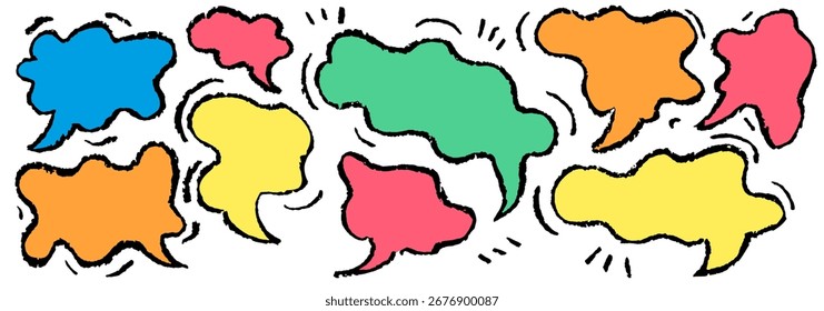 Lápices de colores de globo del discurso. Burbujas dibujadas a mano, corazón, nube, salpicar Elementos texturizados. Cuadro de marco de texto dibujado por Crayon. Ilustración vectorial de diálogo de tiza. Concepto Abstractas de Medios de Negocios. Conjunto de pizarra.