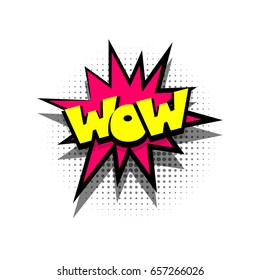 Speech balloon halftone dot background pop art style Funny WOW comic book letters cartoon text dialog, colored cloud. Sale banner. Abstract creative hand drawn vector exclusive font bubble comic text
