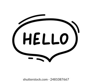 Speech balloon with Hello word, line hand drawn doodle. Talk bubble frame, dialog box, cloud with text of Hello greeting. Scribble simple line. Vector illustration
