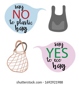 speech balloon no to plastic, another: yes to eco bags. save the planet from plastic concept. flat vector illustration