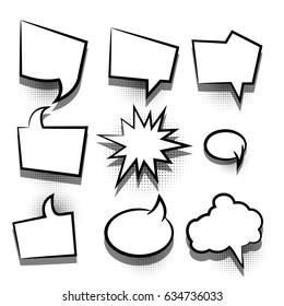 Speech balloon on halftone dot background pop art style. 9 funny set comic book cartoon text dialog, white empty cloud. Tag banner for sale. Abstract creative vector blank bubble.