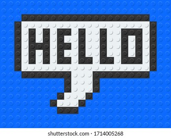 Speech Balloon Say Hello. From plastic building bricks blocks toy. Pixel art. Blue background. vector illustration.