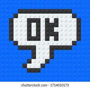 Speech Balloon Say Ok. From plastic building bricks blocks toy. Pixel art. Blue background. vector illustration.