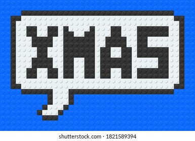 Speech Balloon Say Xmas. From plastic building bricks blocks toy. Pixel art. Blue background. vector illustration.