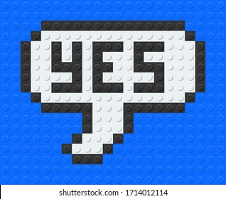 Speech Balloon Say Yes. From plastic building bricks blocks toy. Pixel art. Blue background. vector illustration.