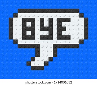 Speech Balloon Saying Bye. From plastic building bricks blocks toy. Pixel art. Blue background. vector illustration.