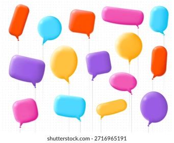 Globo de voz con texto. Burbujas de discurso multicolores, alegres, festivas y realistas. Vector 3D ilustración.