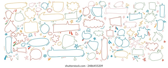 Speech balloons color doodle line vector artwork bundle on white background. Online communication message isolated hand drawn illustration set
