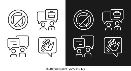 Speech balloons for dialogues pixel perfect linear icons set for dark, light mode. Rules of effective communication. Thin line symbols for night, day theme. Isolated illustrations. Editable stroke