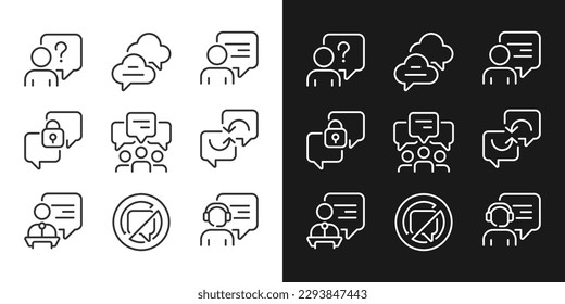 Speech balloons pixel perfect linear icons set for dark, light mode. Visualization of people communication. Thin line symbols for night, day theme. Isolated illustrations. Editable stroke