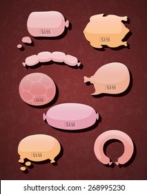 Speech balloons for a text in the form of meat products.
