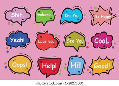 speech baloon with diferrent text.han drawn full colour background