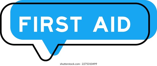 Speech banner and blue shade with word first aid on white background