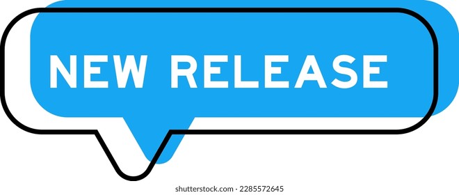 Speech banner and blue shade with word new release on white background