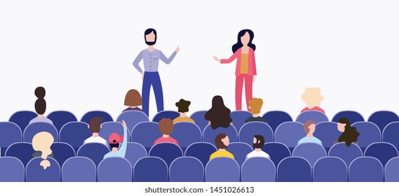 Speech before an audience in the hall on stage. Two business speakers or trainers, a man with a beard and a woman with long hair at the conference speak to an audience, flat vector illustration.