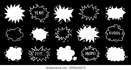 Speech black splash cute bubble cloud line art grunge scribble sketch set hand drawn in vector liquid graffiti blots with calligraphy lettering