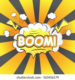 Speech box in explosion style. Boom comic retro label.