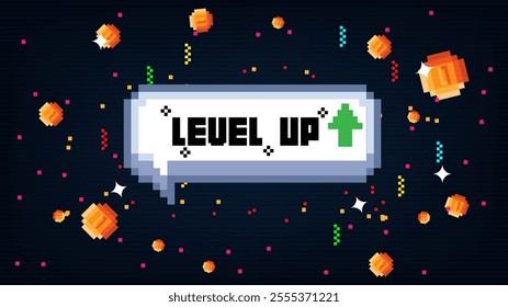 Speech box LEVEL UP text with gold coin ,with life hearts indicator on blue background.pixel art .8 bit game.retro game. for game assets in vector illustrations.	
