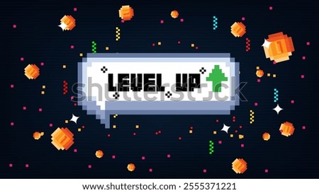 Speech box LEVEL UP text with gold coin ,with life hearts indicator on blue background.pixel art .8 bit game.retro game. for game assets in vector illustrations.	
