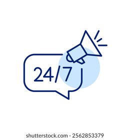 Speech bubble with 24 7 clock and megaphone. Non stop communication, round the clock announcements and updates. Pixel perfect, editable stroke icon