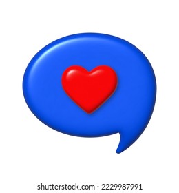 Speech bubble 3D Icon. Love message. Red 3d heart on a blue bubble. Realistic vector design element.