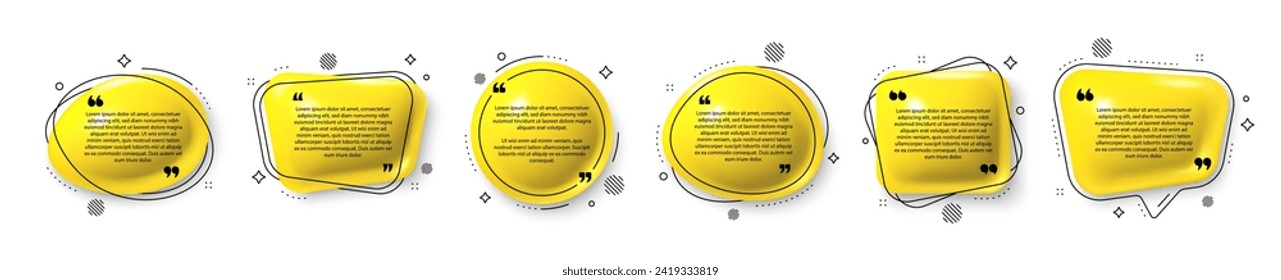 Speech bubble 3d icons with double quotes. Speak bubble text, chatting box, chat dialog icon. Speech bubbles with quotation text. Message box, talk cloud and think bubble. Vector illustration