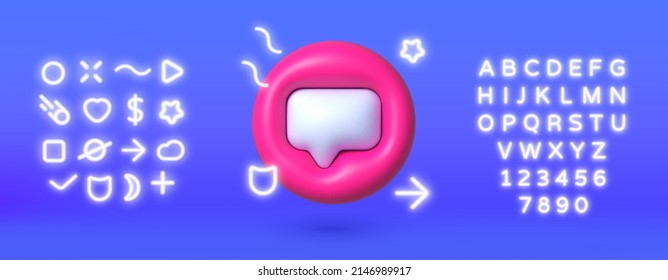 Speech bubble 3d neon in cartoon style on white background. Dialog, chat speech bubble. Vector illustration design