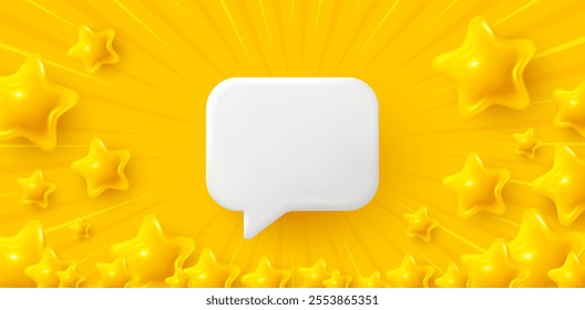 Speech bubble with 3d star flare background. Falling gold stars banner. Party starburst pattern. Customer rating feedback. 3d stars with sun rays. Winner banner with chat speech bubble. Vector