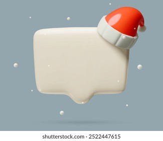 Bolha de fala vetor 3d fundo de Natal com boné de Papai Noel e neve. Caixa de texto branca de feriado de inverno com espaço de cópia.