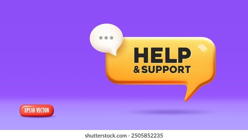 Speech bubble 3d yellow color, with message help and support purple background design, eps 10 vector illustration