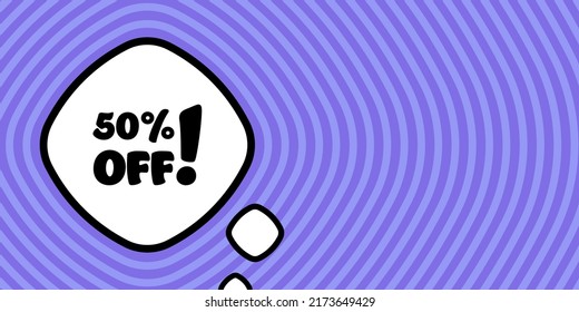 Speech bubble with 50 percent off text. Boom retro comic style. Pop art style. Vector line icon for Business and Advertising.