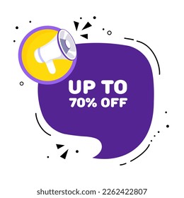 Burbuja de voz con hasta un 70 por ciento de texto sin texto. Burbuja del discurso con altavoz. Estilo de arte pop. Icono de línea de vector para negocios y publicidad