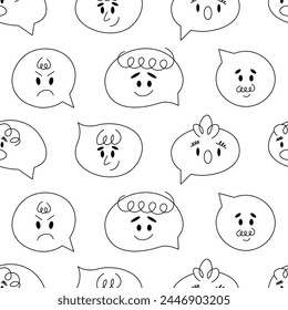 Speech bubble abstract comic faces with various Emotions. Outline lineart style. Seamless pattern. Cartoon style. Flat design. Hand drawn trendy Vector illustration isolated on background